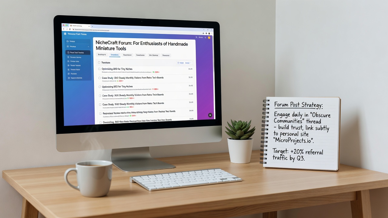 Close-up view of a forum thread on a desktop screen with highlighted links pointing to an external personal web project